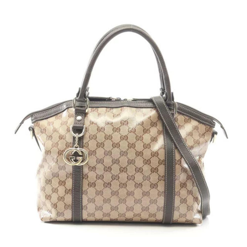 Gucci Interlocking GG Crystal WAY Tote Bag Canvas Leather Beige Cream Brown